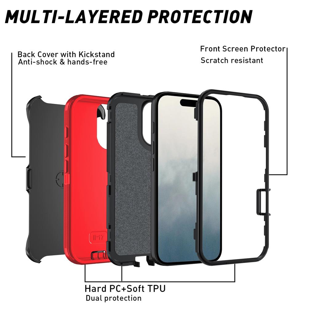For iPhone 17 Rugged Case PC + TPU Cell Phone Cover with Back Clip Kickstand