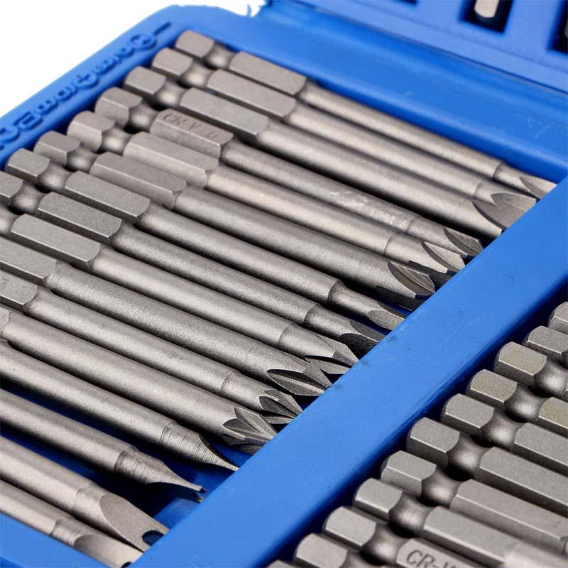 Multifunktionell skruvmejselsats med 36 delar med förlängda bits, sexkantiga och plommonformade.