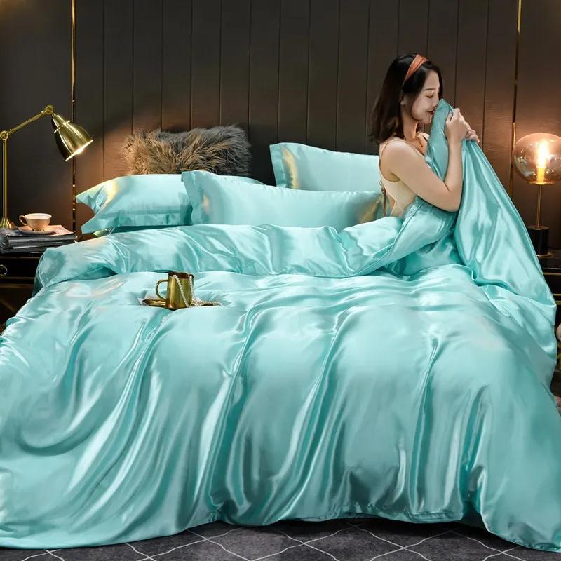Set de lenjerie de pat din mătase 100% pură, de lux, moale, cearceaf cu pilote și fețe de pernă, set de pat cu husă pentru casă, seturi de lenjerie de pat de calitate, mărime king