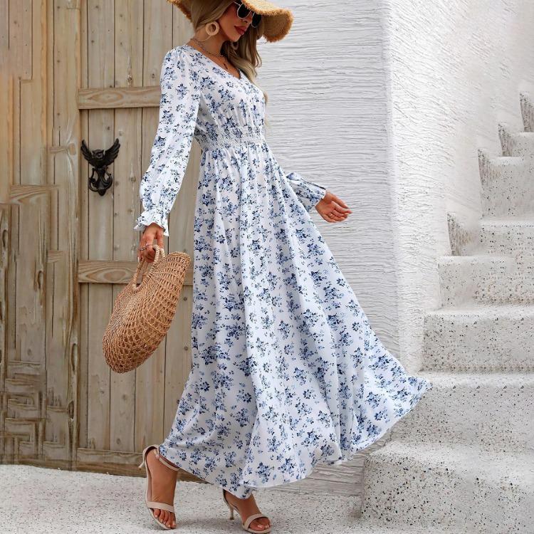 A-Line Dress Women Floral Print Ankle-Length Long Sleeve Casual High Waist Spring Summer V-neck Elastic Dresses