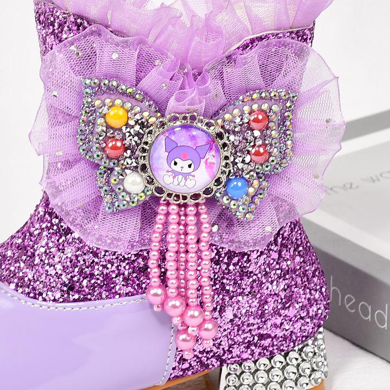 Kuromi Girls' Purple High-Heeled Ankle Boots - Velvet Lined, Warm Snow Boots for Autumn & Winter