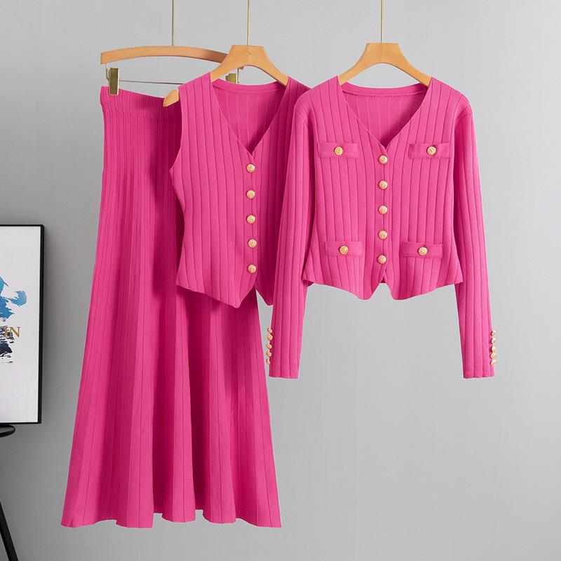 

Корейский приталенный миди-юбочный свитерный комплект: Комплект из 3 предметов: жилет и вязаный кардиган для женщин, осень/лето 2025 One Size розы красного