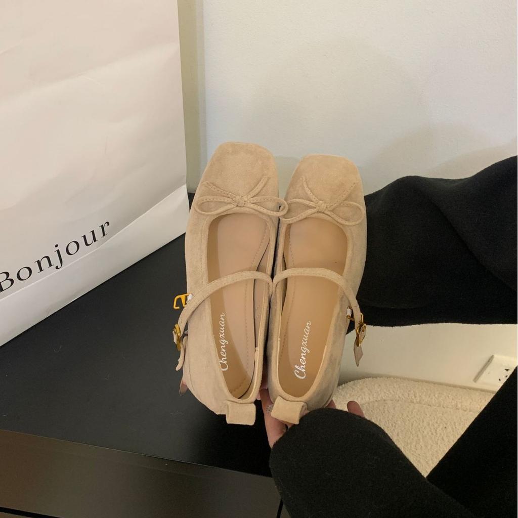 2025 autumn and winter new round head bow suede light mouth thick middle heel versatile Mary Jane women's single shoes