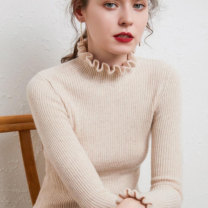 

Свитер с оборками и высоким воротом, вязаный пуловер, женская длинная кружевная рубашка с длинными рукавами, простая повседневная трикотажная одежда для поездок на работу и обратно, осень XL бежевый