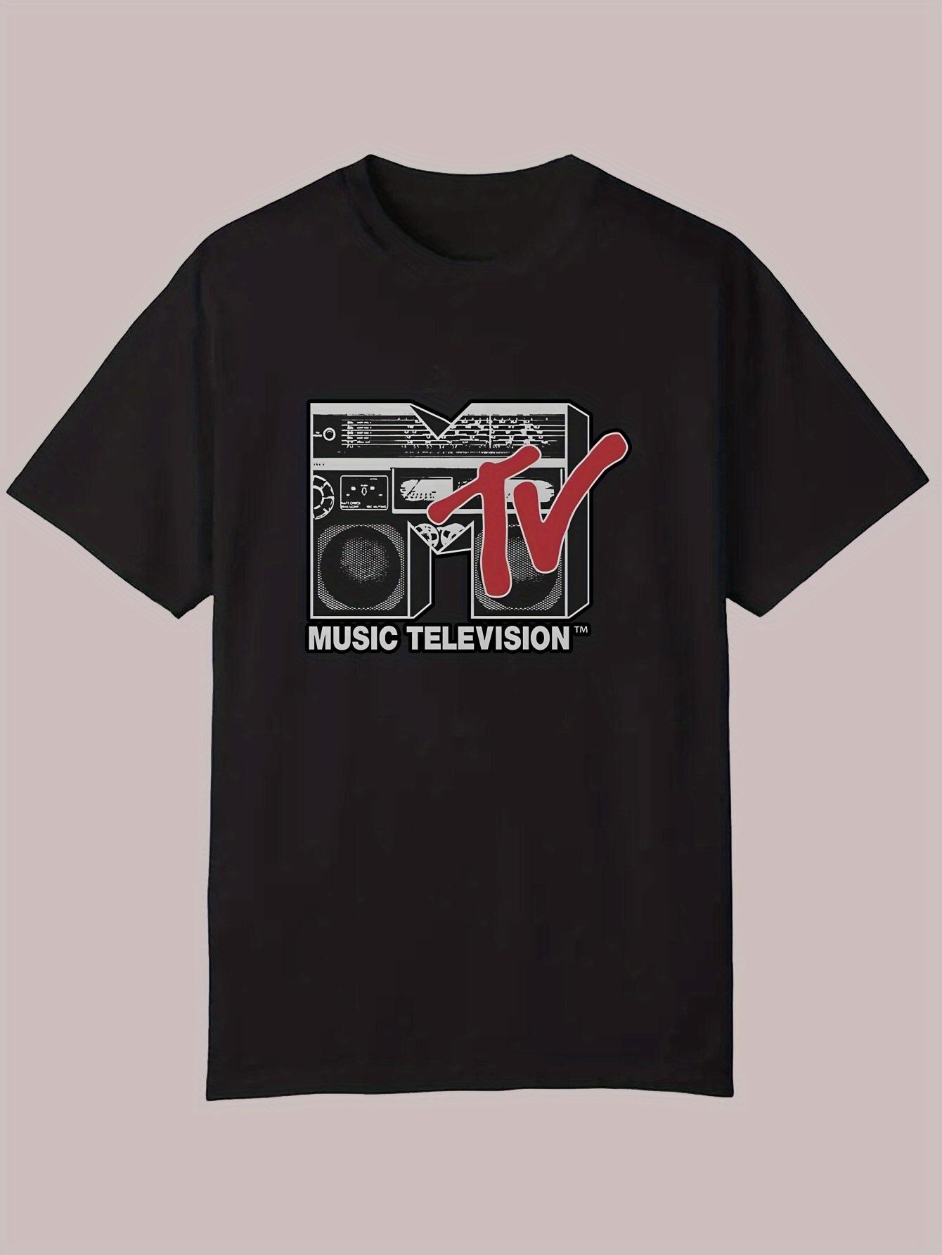 Retro Music Television Graphic T-shirt - Black Casual Summer Tee with Vintage Radio & Cassette Tape Design XXXL
