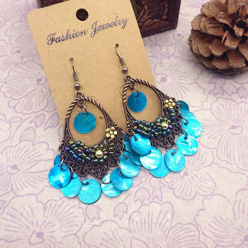 Hawaiian Vintage Bohemian Earrings, Beach Shell Tassel Long Earrings Women's Accessories