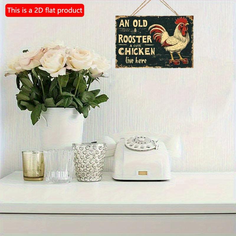 2D Flat Wooden 30*20cm Vintage "An Old Rooster" Wooden Wall Sign Rustic Farmhouse Decorative Plaque with Flax Rope Hanger for Home, Bar, Cafe, Office
