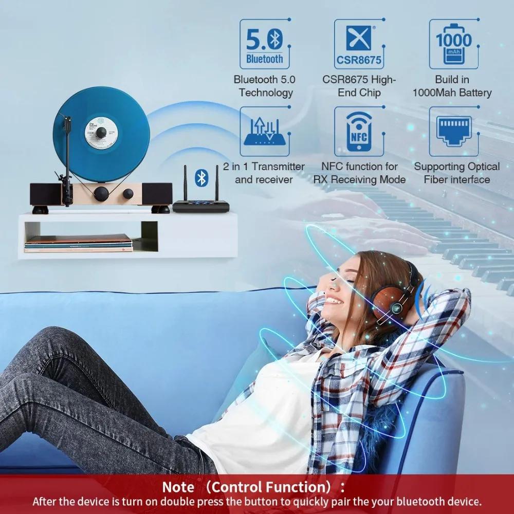 NFC 80m Bluetooth 5.0 Audio Transmitter Receiver Bypass AptX LL HD Wireless Adapter SPDIF AUX 3.5mm For PC TV Pair 2 Headphones