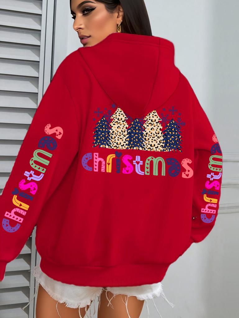 Merry Christmas Leopard Trees Printing Hoodie Women Hip Hop All-Match Streetwear Casual Loose Hoodies Fleece Autumn Woman Hoody