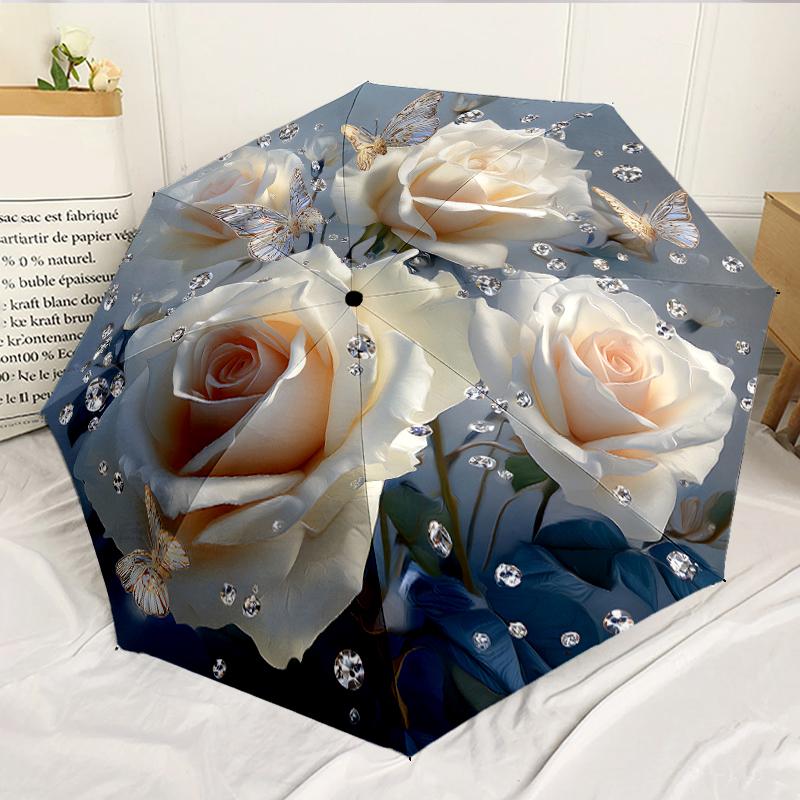 

Red White Roses and Butterflies Pattern Umbrella Automatic Umbrella, 8-Frame for Travel, Camping, Casual Lightweight Portable Umbrella, Birthday Gift