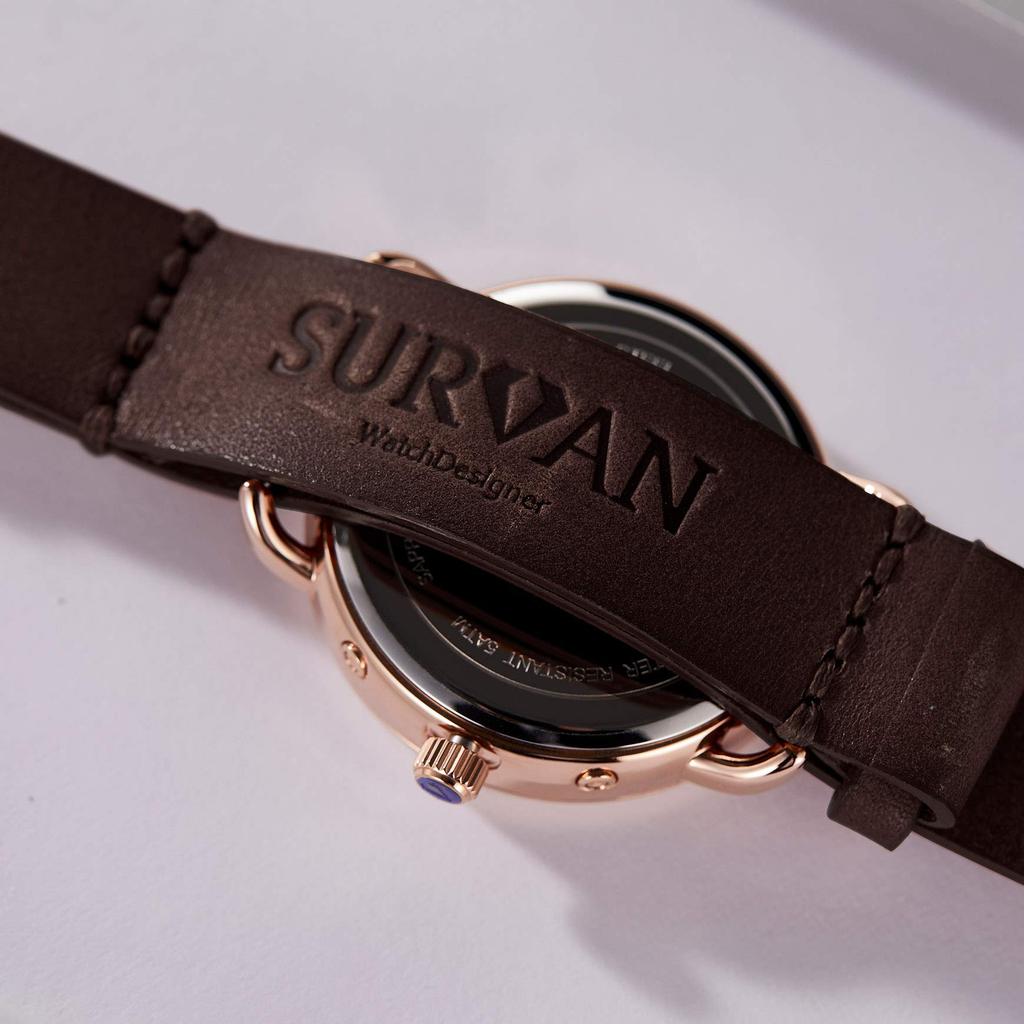 SURVAN Herren-Analog-Quarz-Uhr Weißes Zifferblatt Kastanienbraunes Echtes Lederarmband Saphirglas 50M Wasserdicht