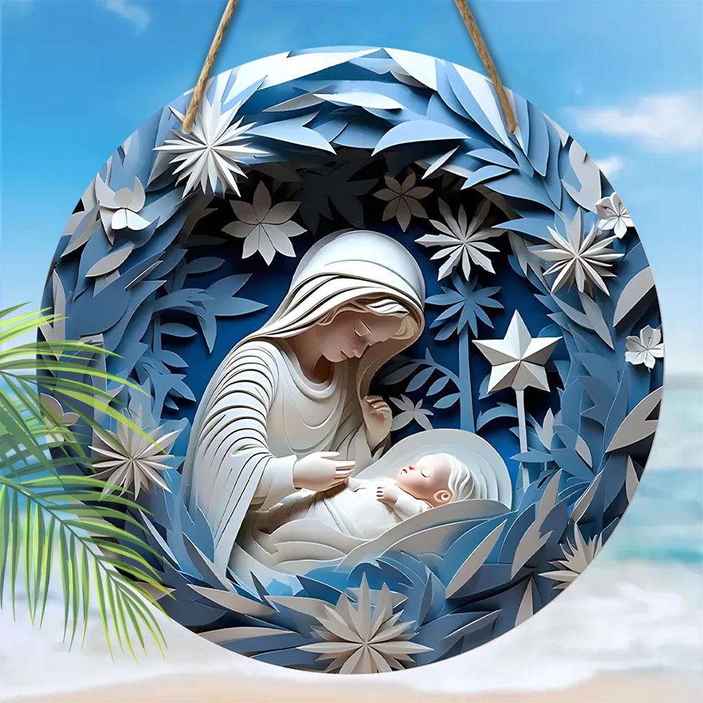 Nativity Scene Wooden Christmas Sign - Navidad Jesus Round Sign for Front Door Wall Hanging Decor - Ideal Christmas Ornament for Christians