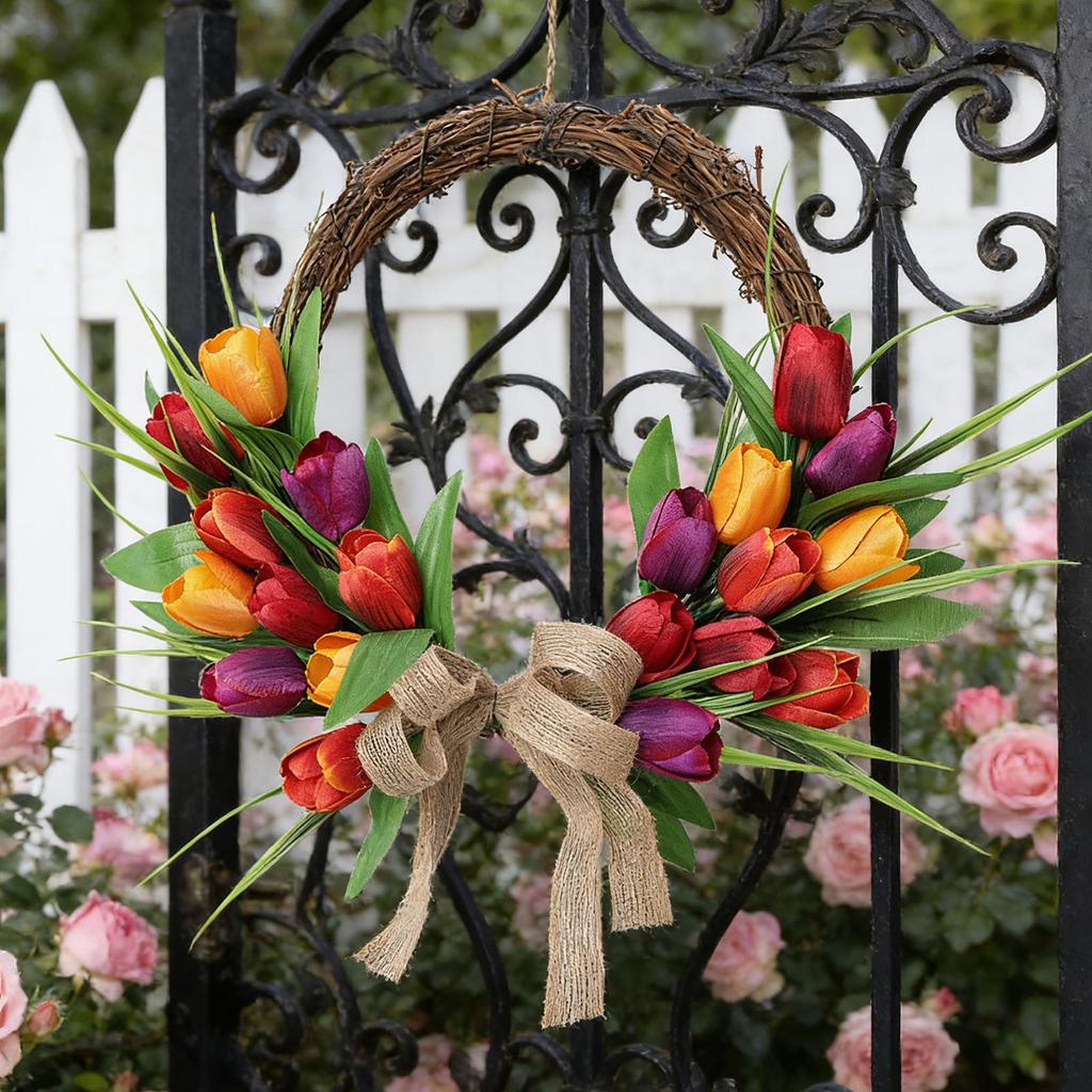 Artificial Floral Wreath European Style Colorful Flowers Hanging Wreath for Indoor Outdoor Home Decoration Orange Red