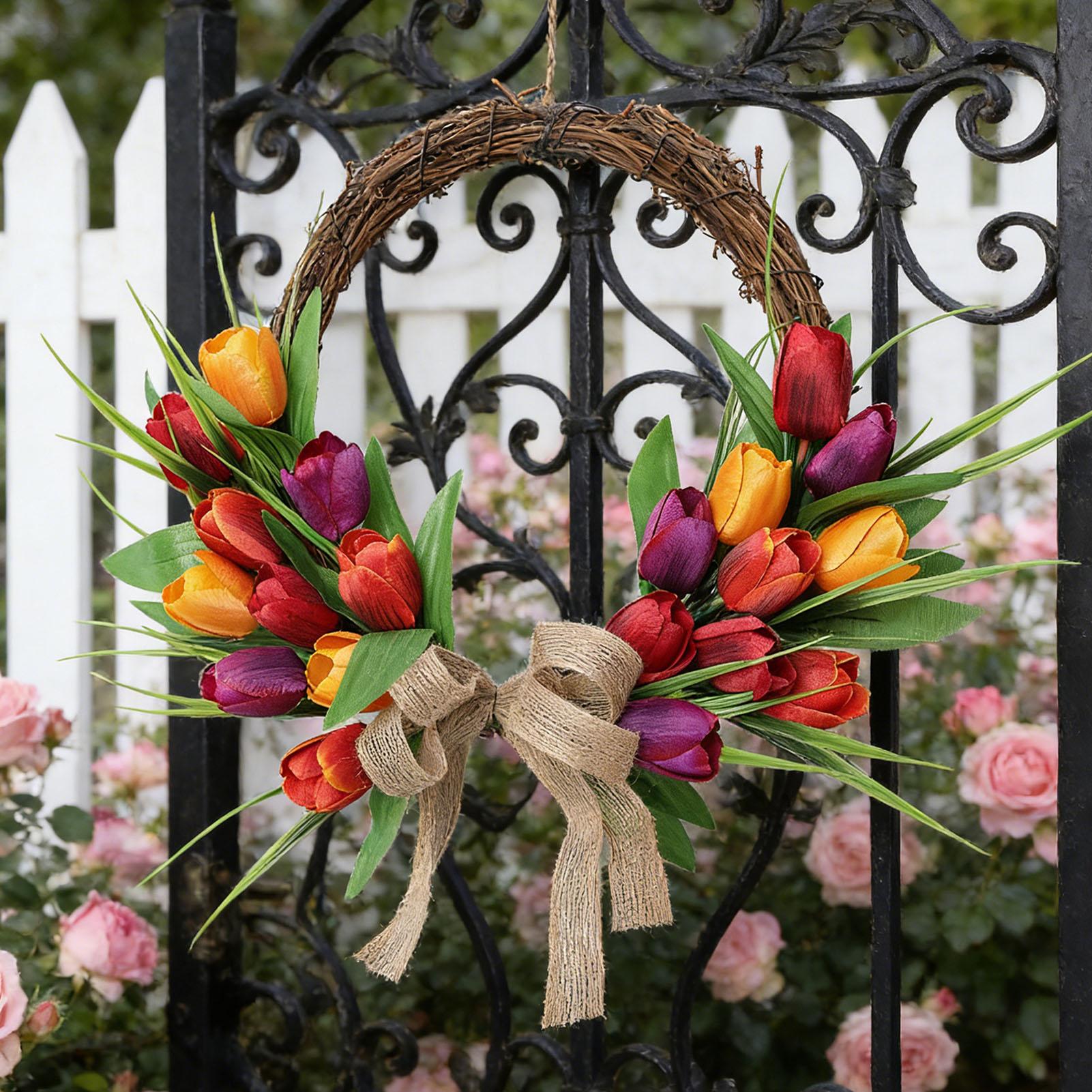 

Artificial Floral Wreath European Style Colorful Flowers Hanging Wreath for Indoor Outdoor Home Decoration Orange Red