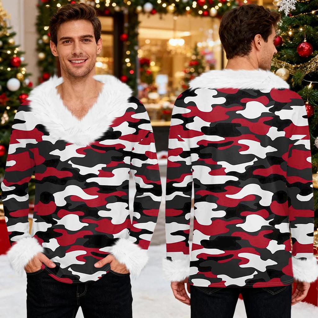 Men's Christmas Printed Fleece Lined Hoodie | Faux Trim Party Sweatshirt With Pocket | Plus Size Loose Fit Holiday Pullover