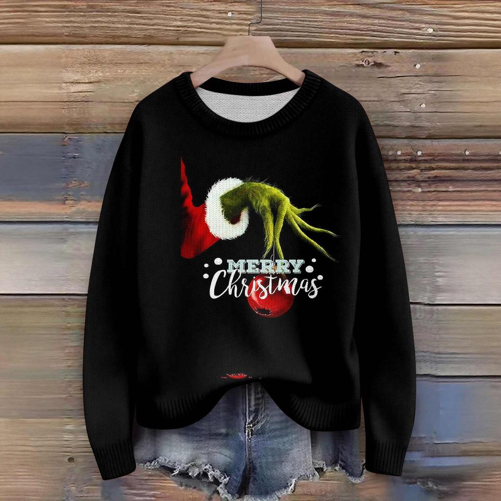 Long Sleeve Pullover Sweaters For Women O Neck Casual Cute Printing Knit Oversized Sweater