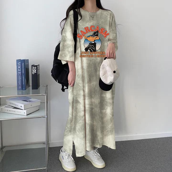 

Korean Tie-Dye T-Shirt Dress for Women - 2024 Casual Summer Style, Loose Fit with Lettering, Short Sleeve, Slimming and Trendy Extra Large хаки
