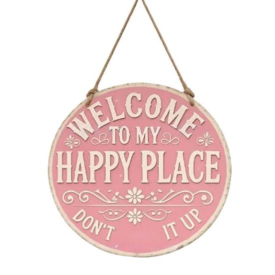 Funny Garden Wooden Sign Vintage This Is My Happy Place Welcome Round Sign Farmhouse Rustic Hanging Wall Decor for Home Bar Patio Man Cave
