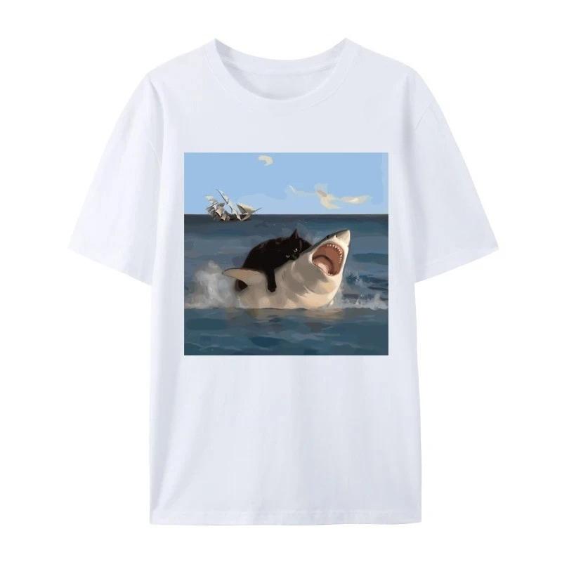 Cat Bites Shark Fun Art and Cat Lovers Fun Cat and Shark Print Tops Shirts Plain Tops Hip Hop T-shirts Women Clothing Fashion