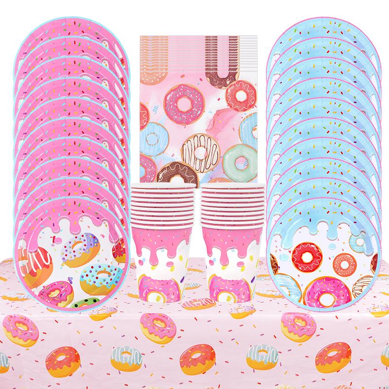 Donut Party Disposable Tableware Set Paper Plate Cup Tablecloth Kids Girls 1st Birthday Party Decoration Supplies Baby Shower