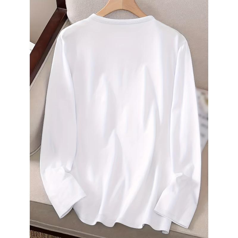 Europäische Größe Damen Lässiges Langarm Crew-Neck Grafikdruck T-Shirt - Verspieltes fröhliches Gesicht Design, Schmale Passform,