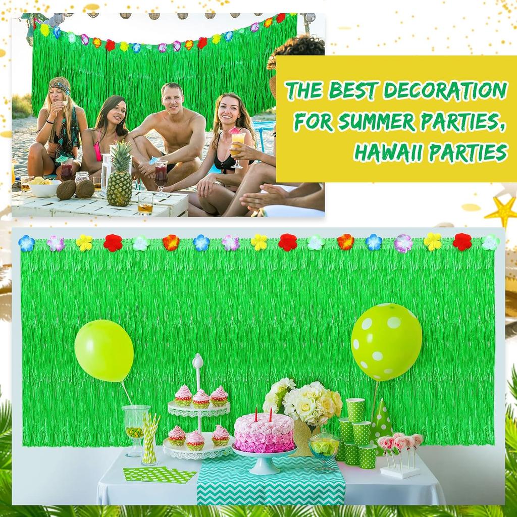 6 Pieces Luau Green Grass Table Skirt 9 ft x 29 Inch Hawaiian Luau Table Skirt Raffia Fringe Skirt Hawaiian Tropical Party Supplies for Tropical