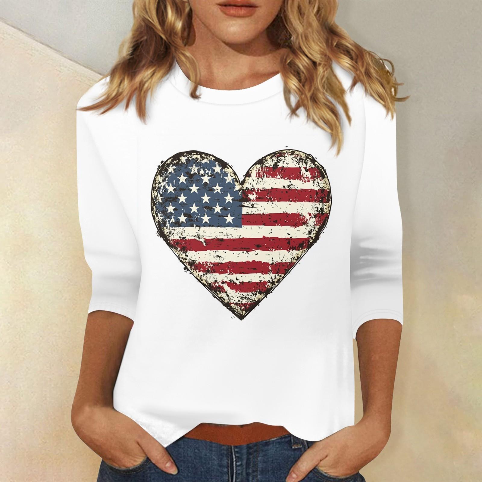 

Женская мода, повседневная свободная футболка с принтом на День независимости и круглым вырезом, рукав 3/4, женский топ XXXL красный