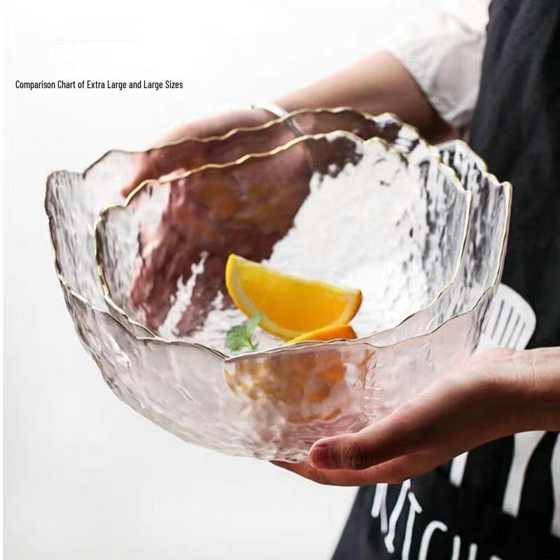 Japanese Style Hammered Glass Salad Bowl with Gold Rim