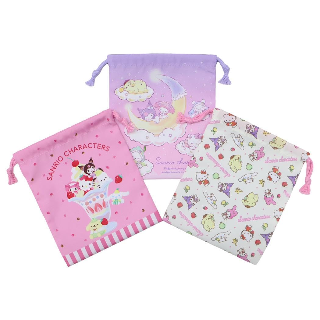 Takanami Create Drawstring Set of Sanrio and Lemon for and Perfect for School Field and Lessons Bags, Small, 3, Characters, Pink, Purple, [140118],