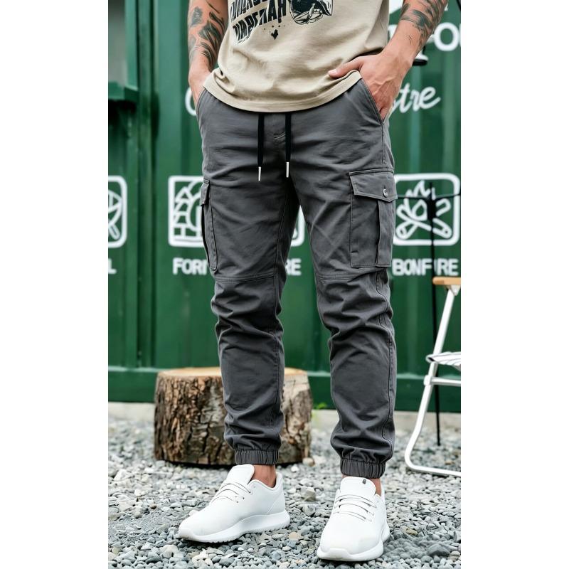 Men Drawstring Elastic Waist Multi Pocket Cargo Jogger Pants Casual Cuffed Trousers
