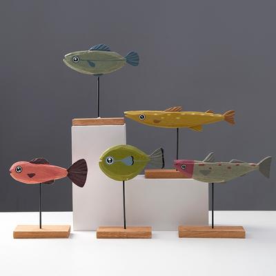 Colorful Wooden Fish Statue Mediterranean Nordic Style Fish Sculpture Ornaments Chic Living Room TV Cabinet Home Decor Crafts
