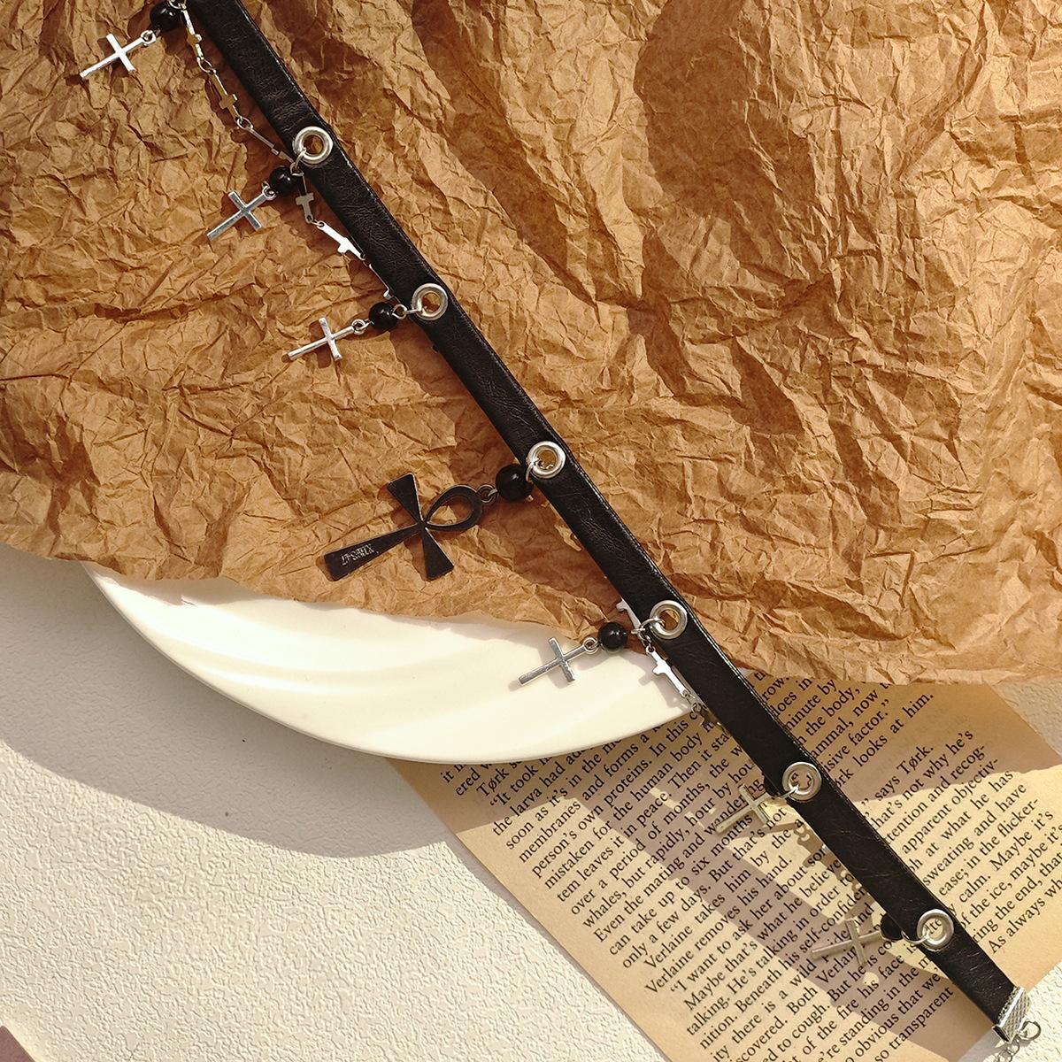 Готический Панк Черный Кожаный Ошейник с Крестом Женский Чокер Yabi Культура Мода Темперамент Цепочка на Ключицу
