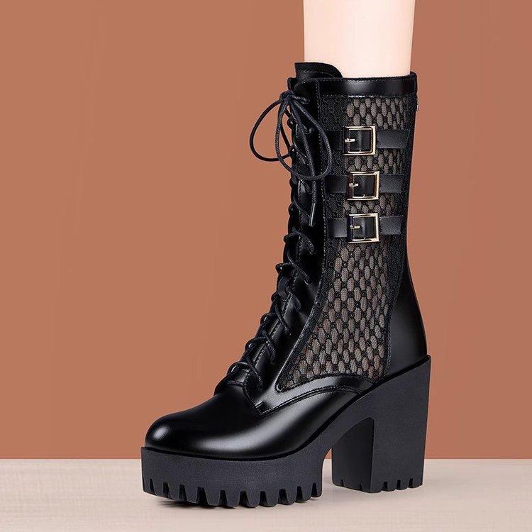 Damen Sommer Netz-Kniehohe Stiefel Weiches Leder Schnürung Plateau Klobiger Absatz Atmungsaktive Sandalenstiefel