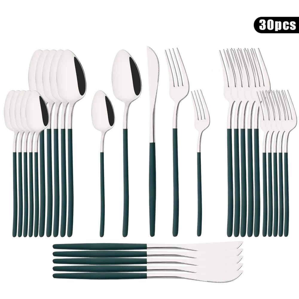 Sada 30 ks nádobí Příbory z nerezové oceli Nůž Dezert Vidlička Lžíce Nádobí Bílé zlato Příbory Kuchyňské stříbro