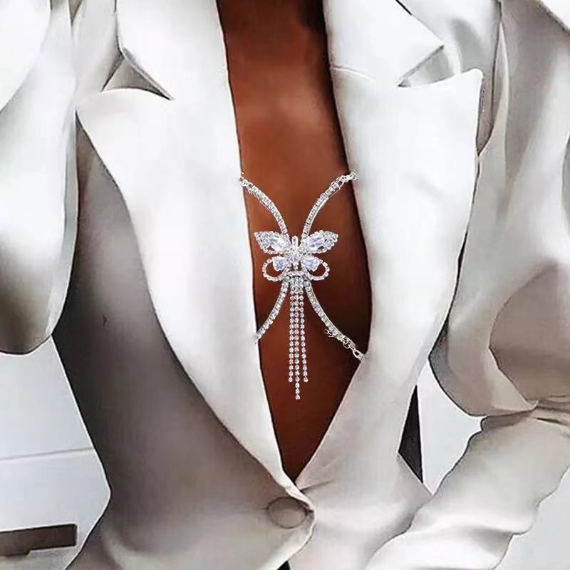 European And American Sexy Hot Body Chain Accessories, Rhinestone Butterfly Chest Rest, Women'S Fashion Rhinestone Fringed Sling Chest Chain