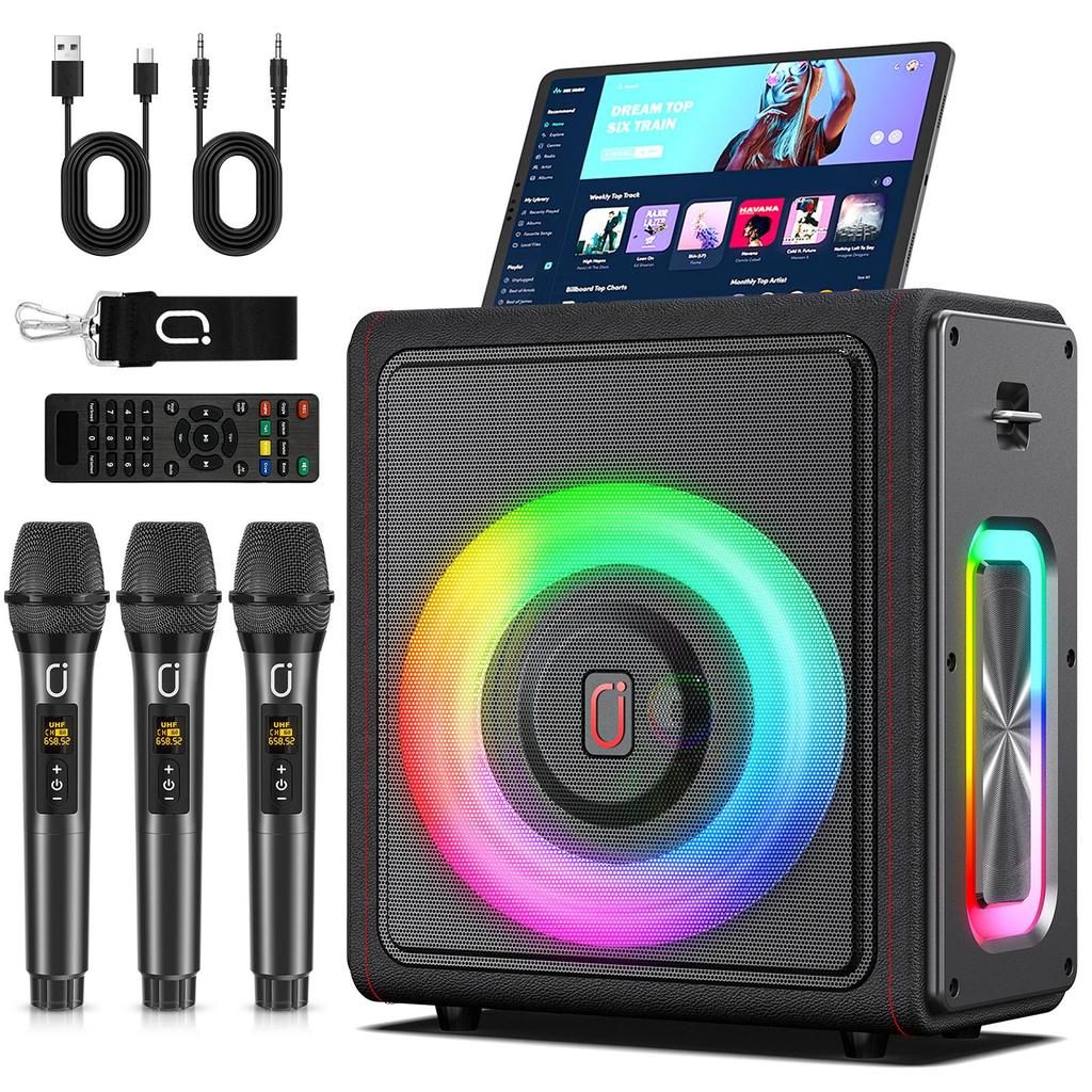 Karaoke Machine with 3 Wireless Mics | Bluetooth 5.3 Speaker with Echo Adjustment & Auto Pitch Correction | PA System with RGB Lights