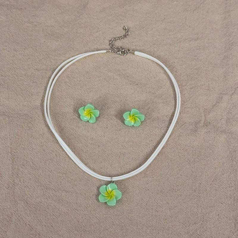 Women's Fashion Simple Resin Frangipani Flower Necklace & Earrings Set Gradient Color Plumeria Choker Chain Beach Jewelry Gift