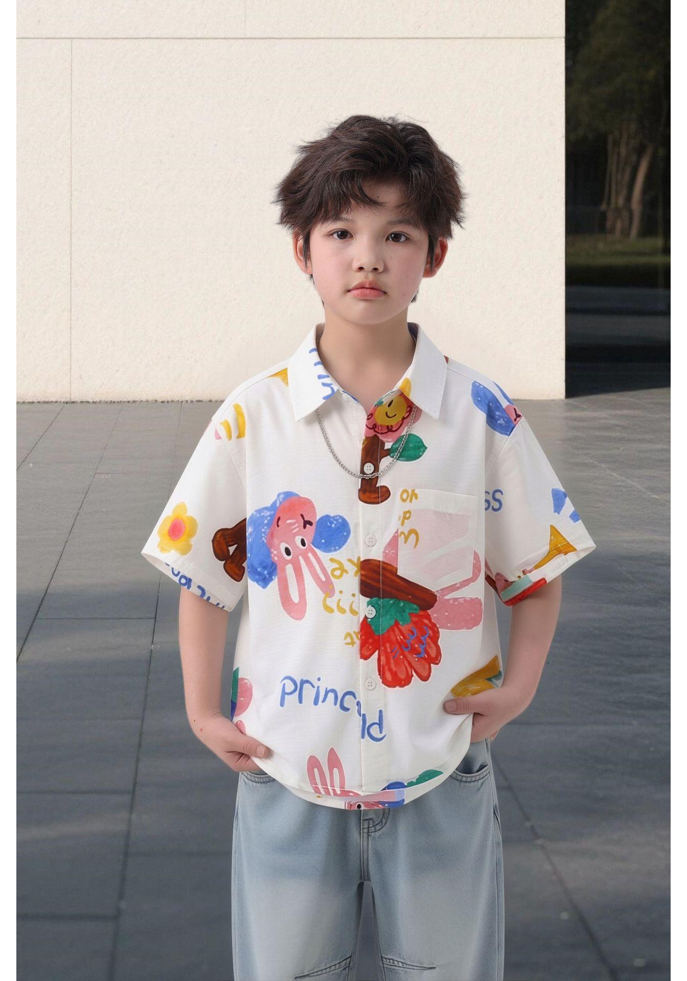 Boys  Summer 2026 Retro Cartoon Cotton Shirt - Short-Sleeve Dopamine Fashion 120 cm