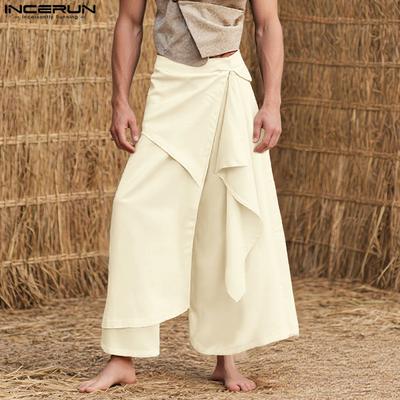 Men Elastic Waist Irregular Layers Casual Loose Long Straight Pants Trousers