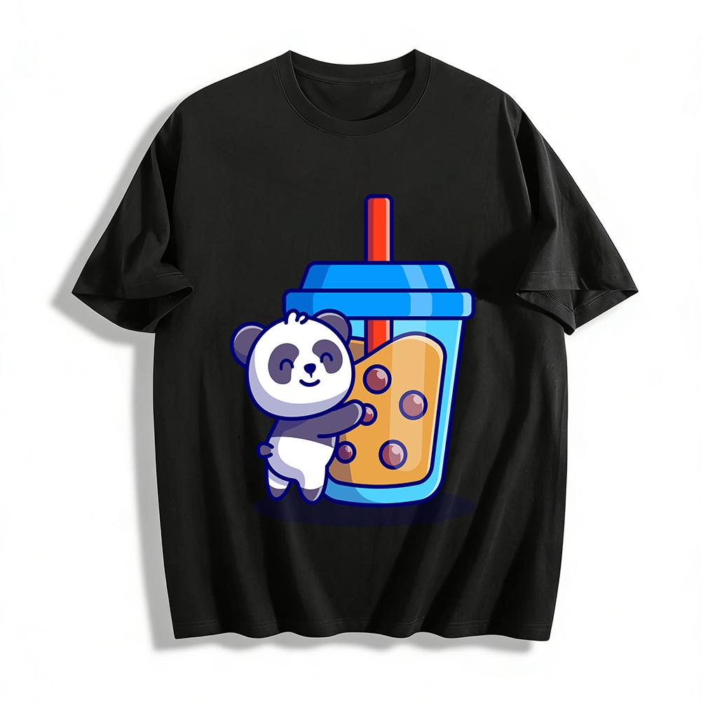 Cute Panda Holding Bubble Tea Graphic Casual Short Sleeve Top Pure cotton T-shirt XXS