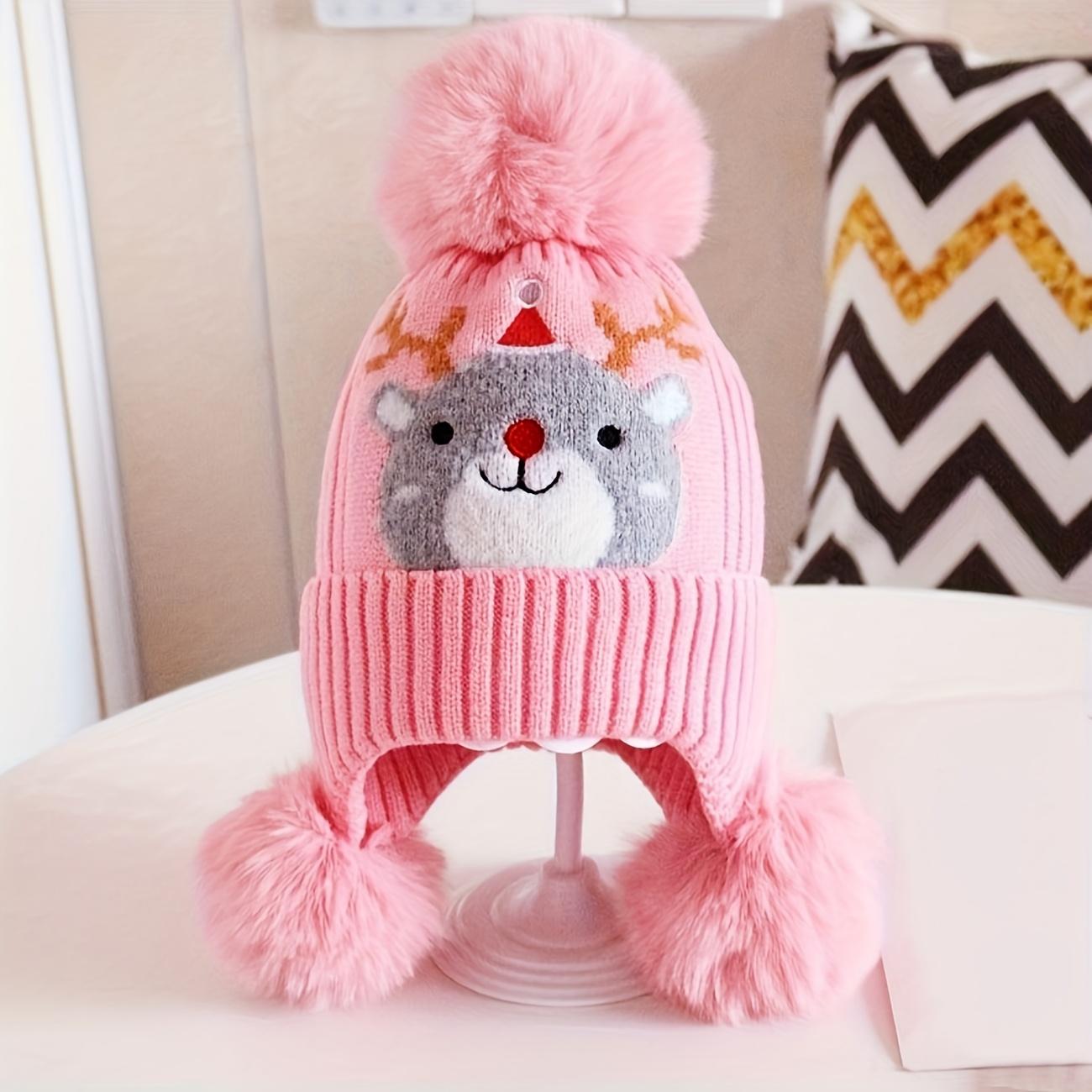 

Детская рождественская шапка-бини с лосем - Мягкая эластичная теплая зимняя шапка для мальчиков и девочек со съемными ушками и помпоном One-size розовый