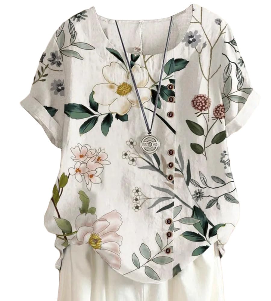 

Цветочная блузка рубашка блузка топы с коротким рукавом круглый вырез на пуговицах летняя большого размера [MaxWant] женская (JP, Алфавит, L, Белый) белый