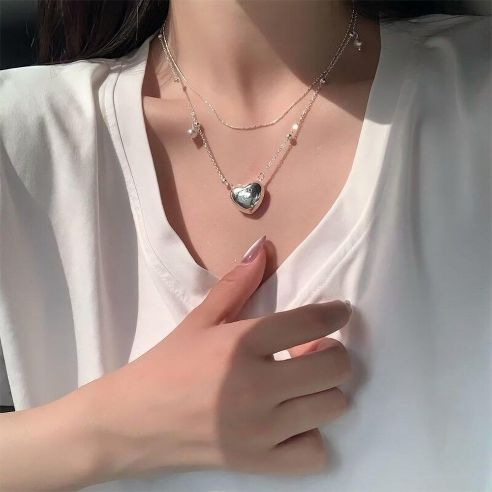 Women's Silver Pearl Flower Heart Layered Necklace