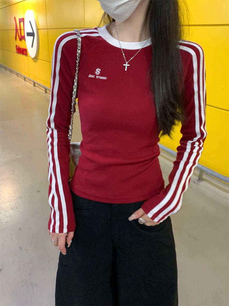 Burgundy Bar Design Bottoming Shirt Women's Spring Slim and Thin Spice Girl Embroidered Long-sleeved T-shirt Top