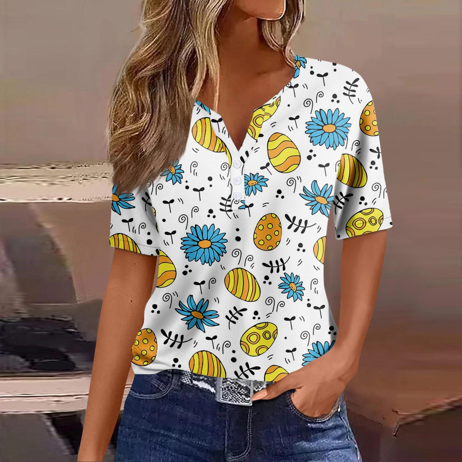 

Жіноча футболка з принтом на ґудзиках, з коротким рукавом, щоденна мода на вихідні, базовий V-подібний виріз, звичайний топ M жовтий