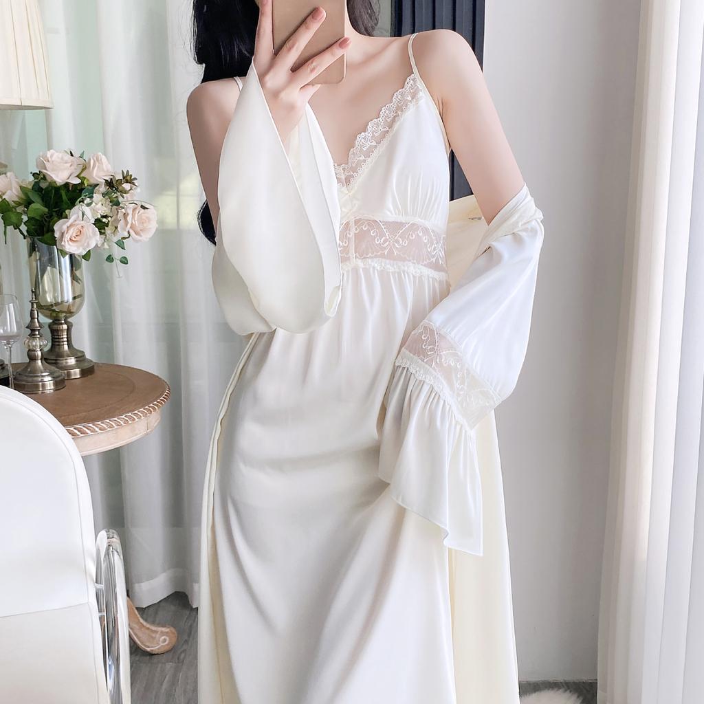 Spring and summer new thin nightgown chest pad suspender sexy two-piece set long ice silk nightgown pajamas temperament loungewear