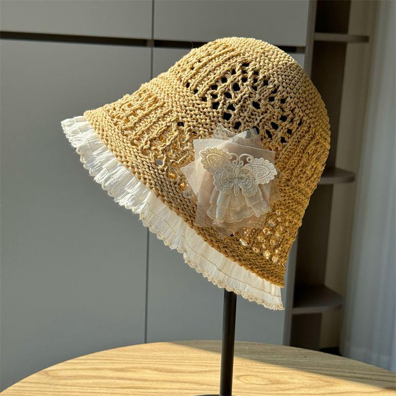 Chapeau Bob en Dentelle Française pour Femmes Printemps Été Nouveau Creux Pare-Soleil Crème Solaire Bord de Mer Chapeau de Pêcheur