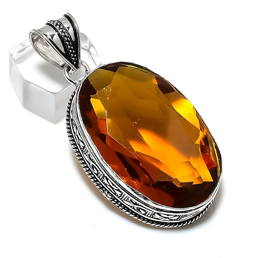Natural Honey Topaz Gemstone Handmade 925 Sterling Silver Pendant 2.29" D2b92