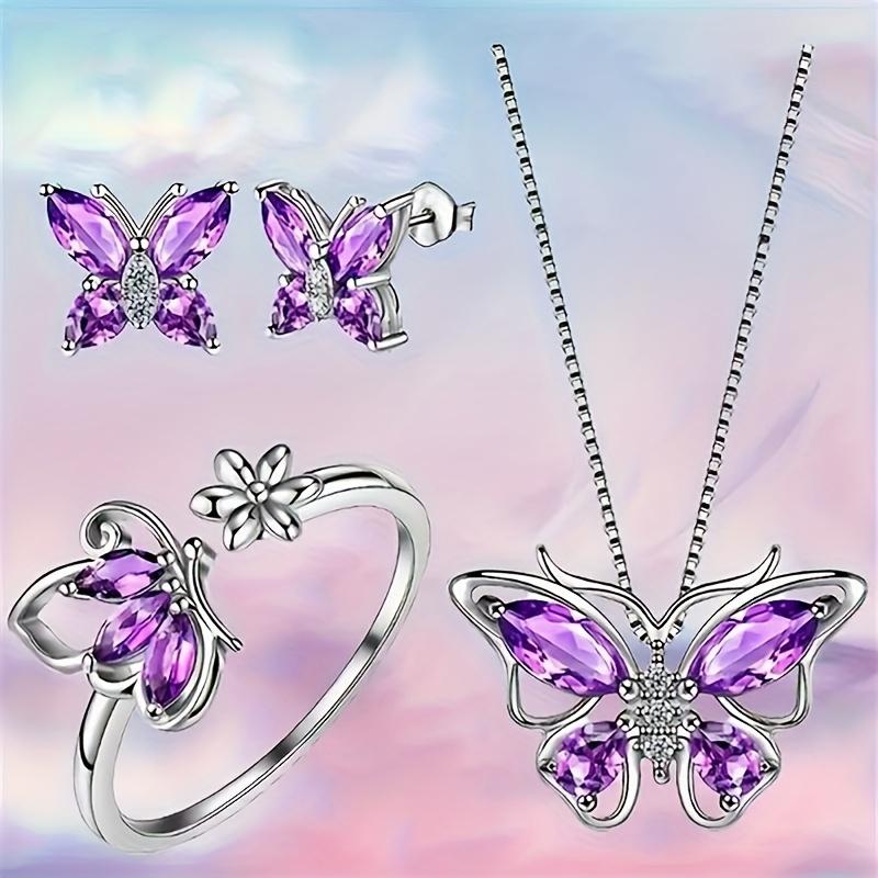 Butterfly Jewelry Set Animal Butterfly Artificial Amethyst Clavicle Chain Birthstone Pendant Necklace/Earrings/Ring Set фиолетовый