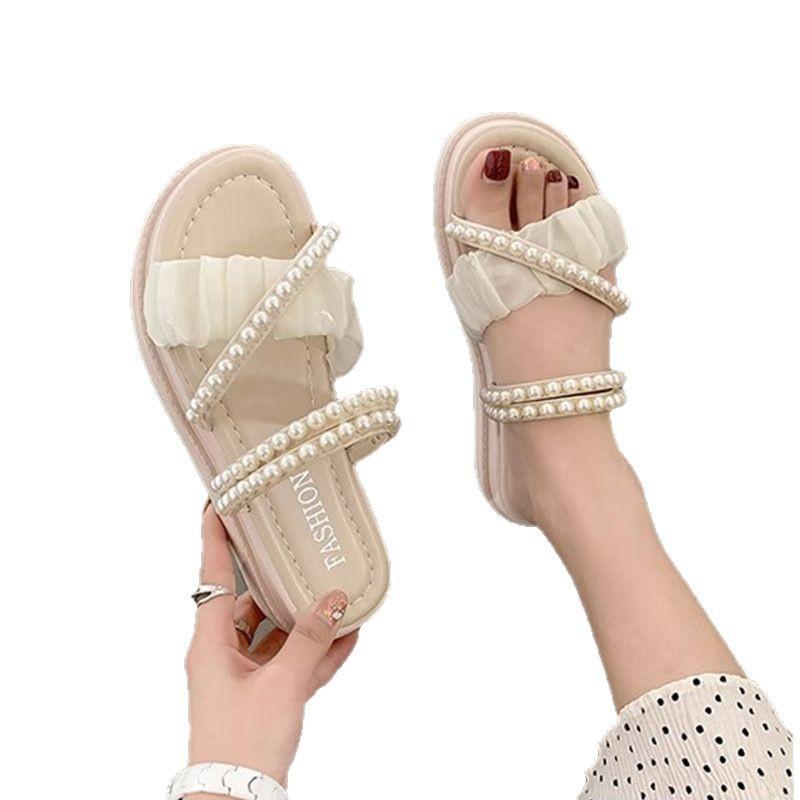 Internet Celebrity Slippers Wear Summer Women 2025 New Pearl Fairy Wind Two Wear Thick-soled Small Fragrant Beach Sandals